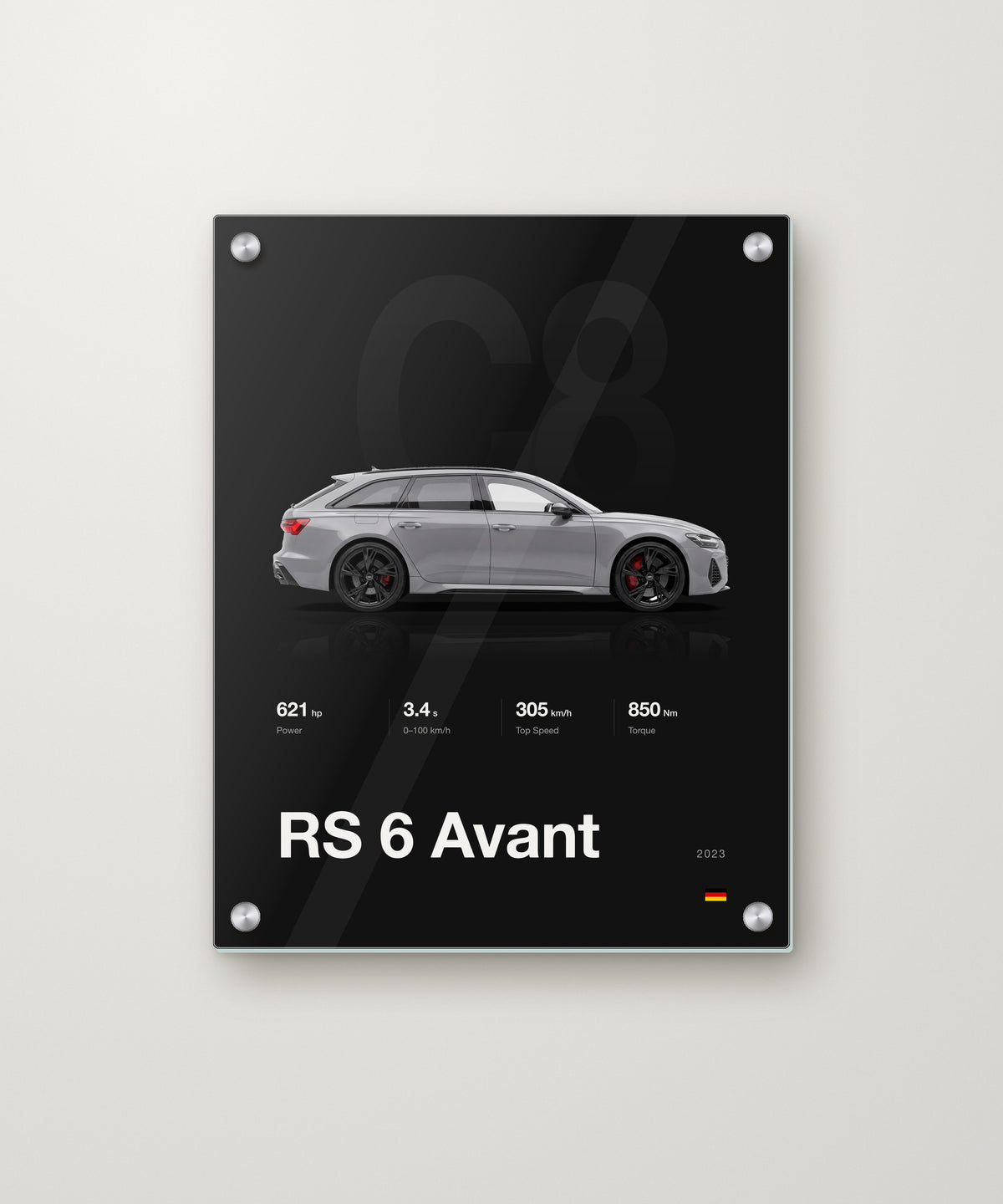 Minimal spec poster, Audi RS6 Avant in Nardo Grey, Black background on an acrylic panel