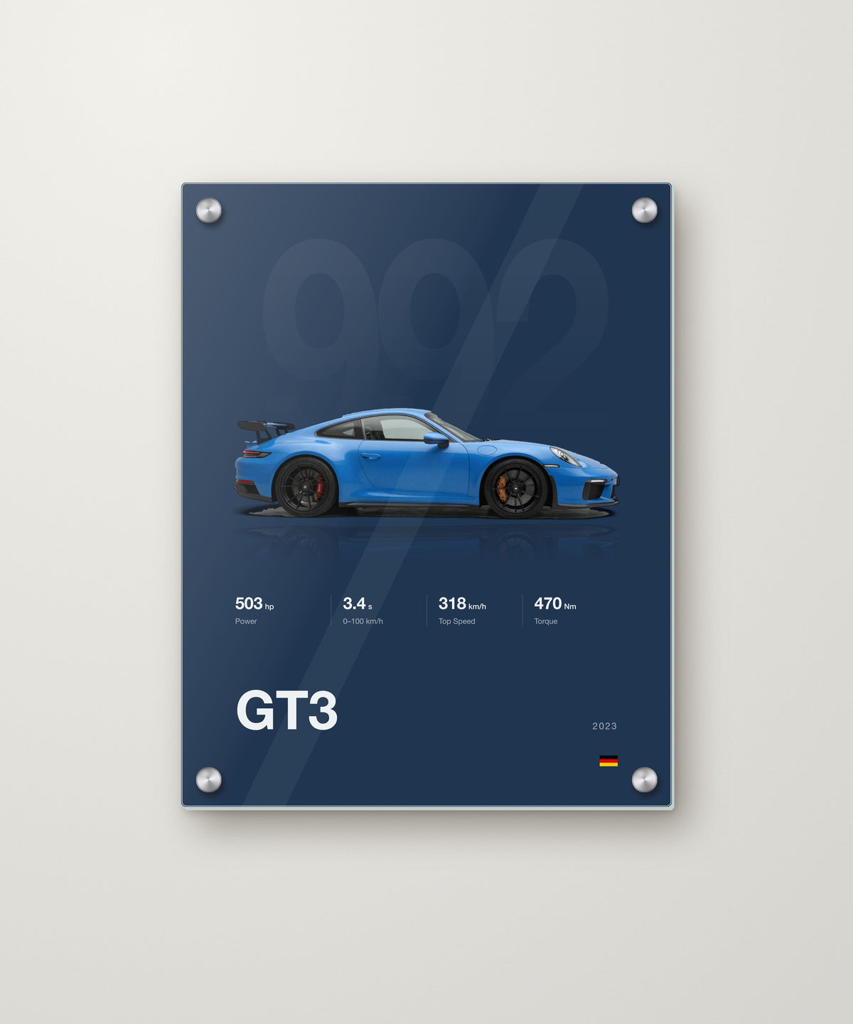 Minimal spec poster, Porsche 911 GT3 in Shark Blue, Blue background on an acrylic panel
