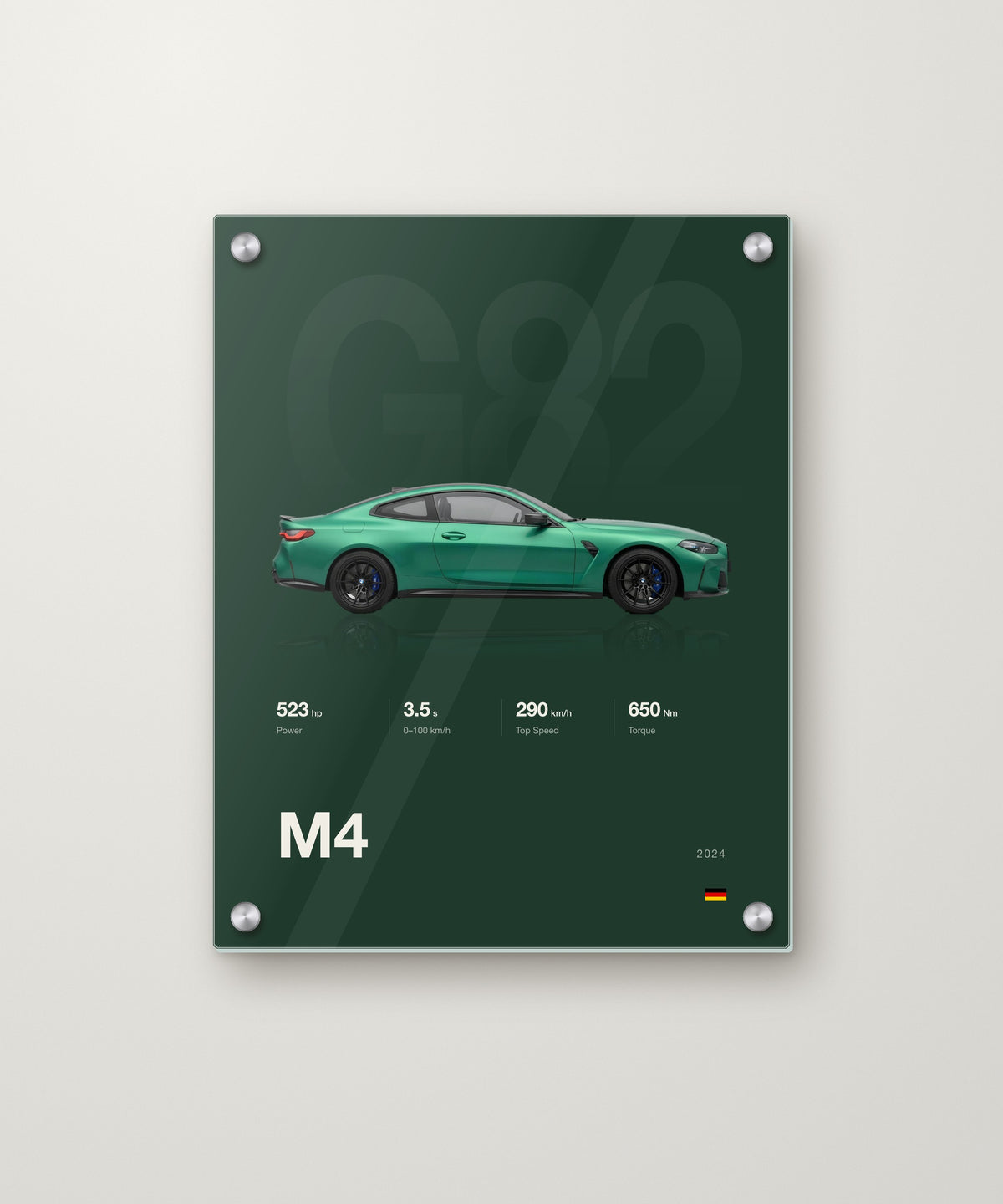 Minimal spec poster, BMW M4 Competition in Isle of Man Green, Racing Green background on an acrylic panel