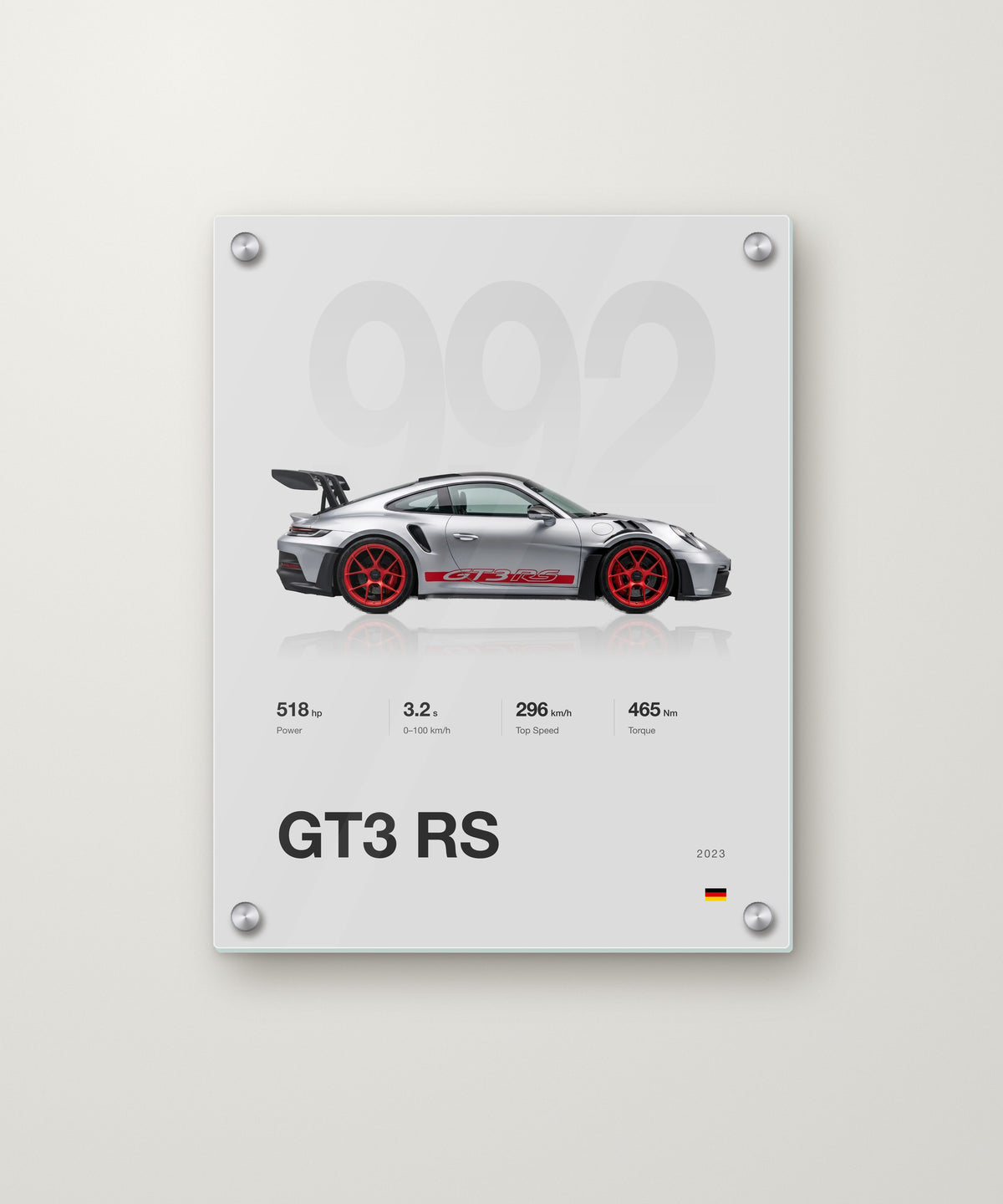 Minimal spec poster, Porsche 911 GT3 RS in GT Silver, Silver Grey background on an acrylic panel