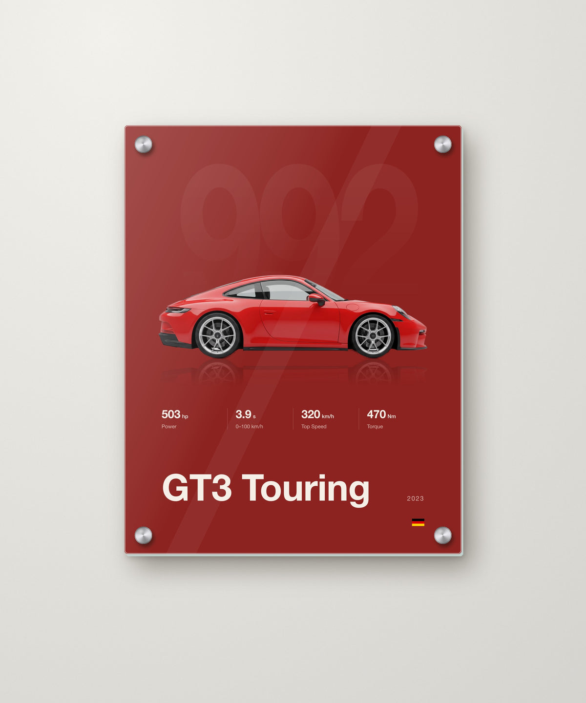 Minimal spec poster, Porsche 911 GT3 Touring in Guards Red, Red background on an acrylic panel