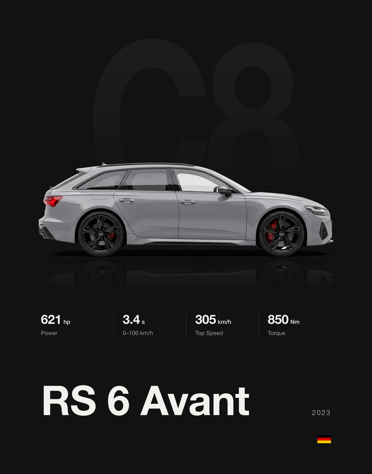 Minimal spec poster, Audi RS6 Avant in Nardo Grey, Black background