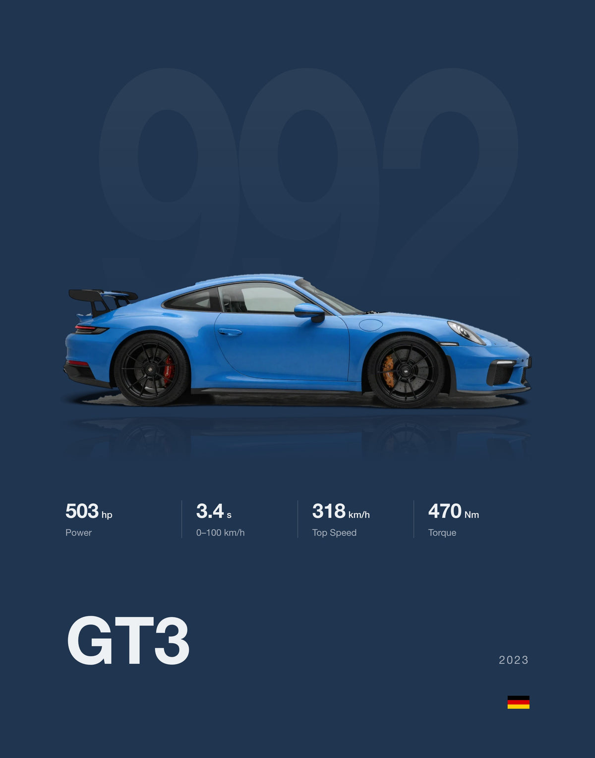 Minimal spec poster, Porsche 911 GT3 in Shark Blue, Blue background