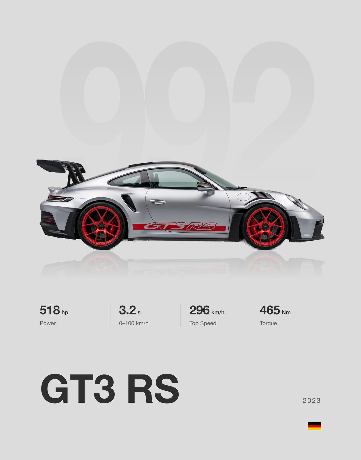 Minimal spec poster, Porsche 911 GT3 RS in GT Silver, Silver Grey background