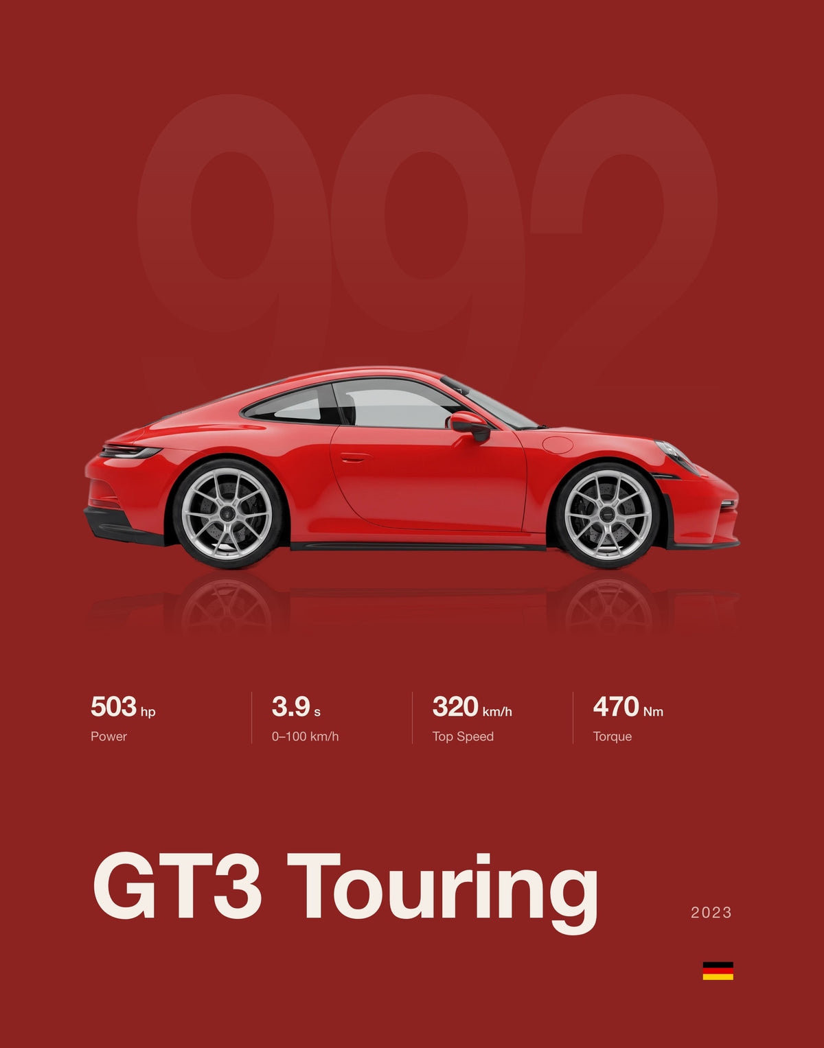 Minimal spec poster, Porsche 911 GT3 Touring in Guards Red, Red background