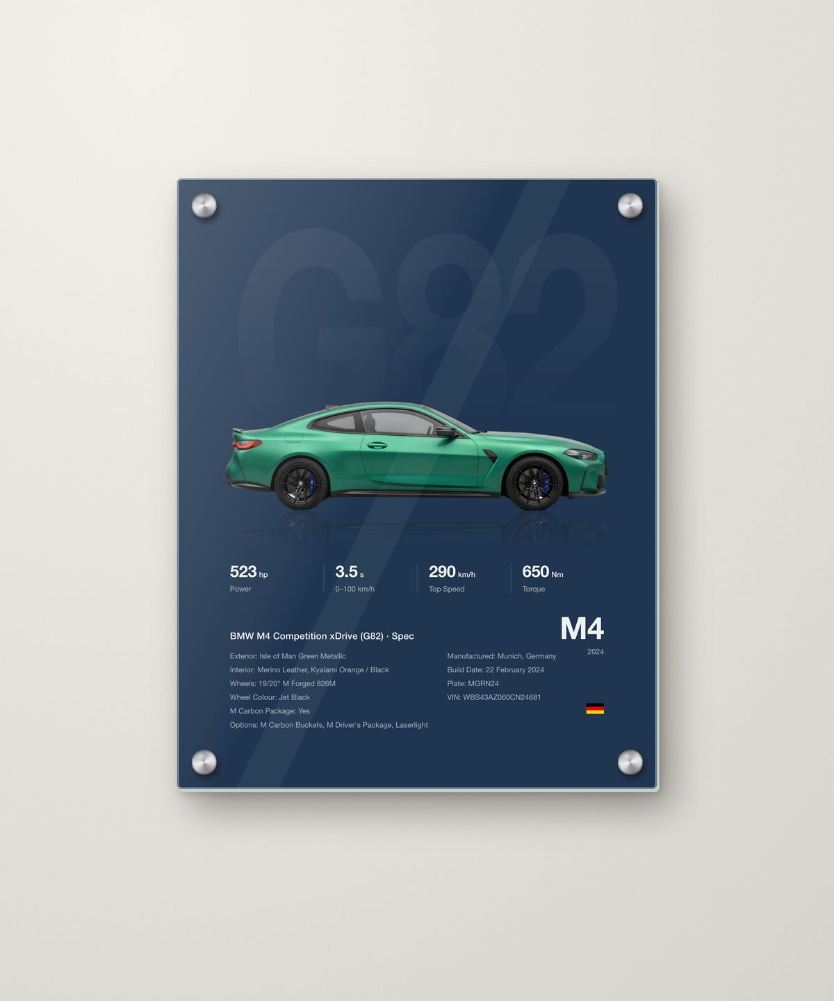 BMW M4 spec poster in Blue on an acrylic panel with metal standoffs