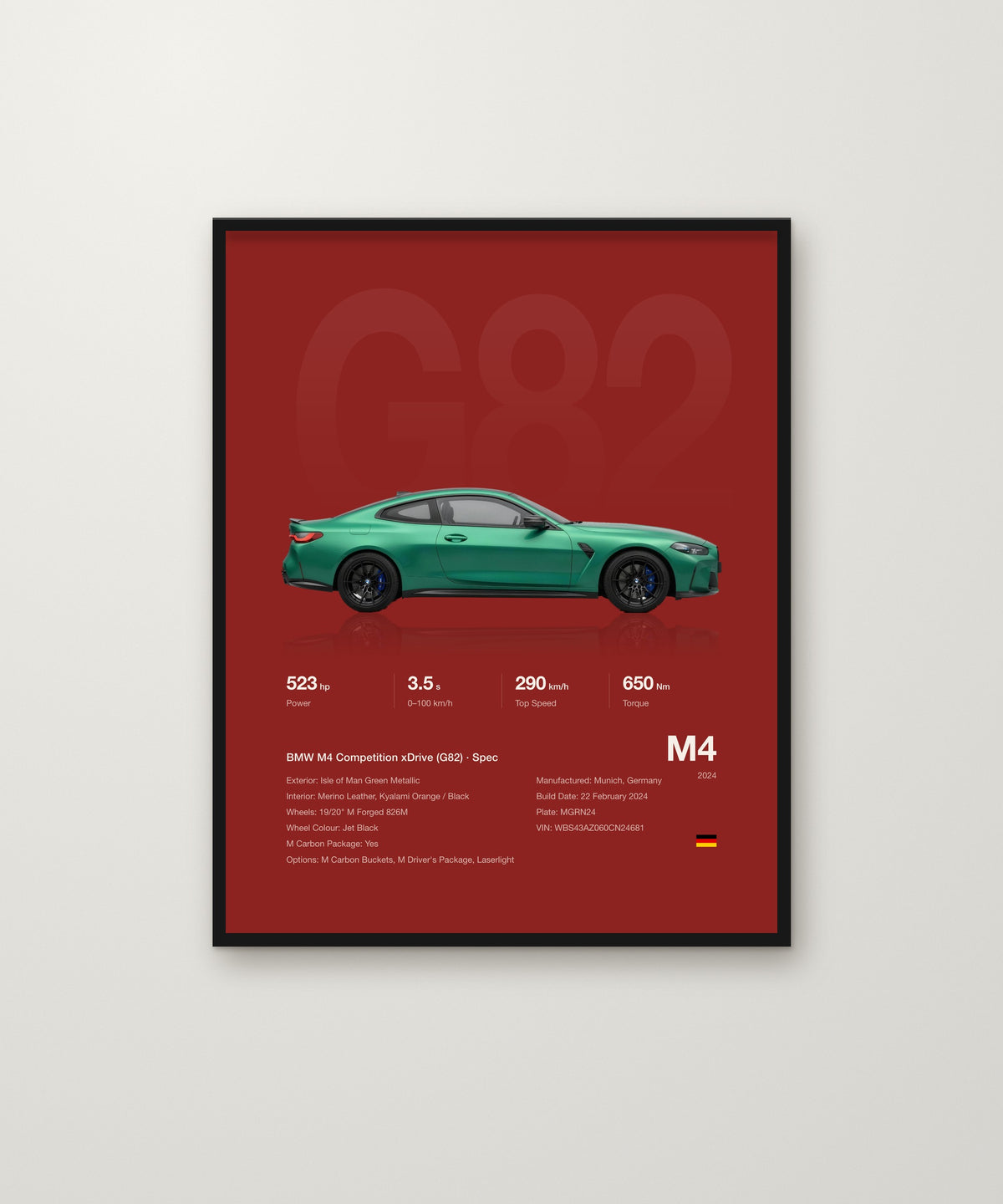 BMW M4 spec poster in Red, framed on a wall