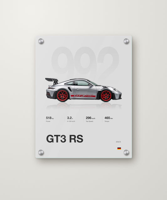 Minimal GT3 RS poster in Silver Grey on an acrylic panel
