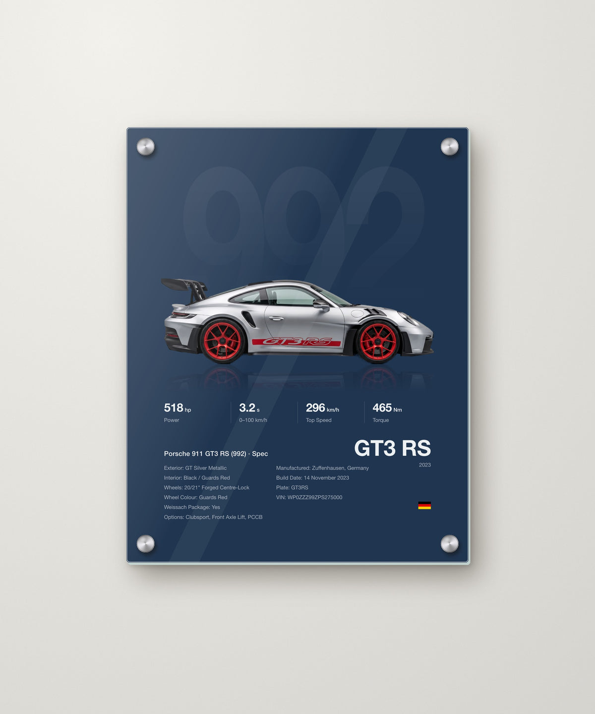 GT3 RS spec poster in Blue on an acrylic panel with metal standoffs