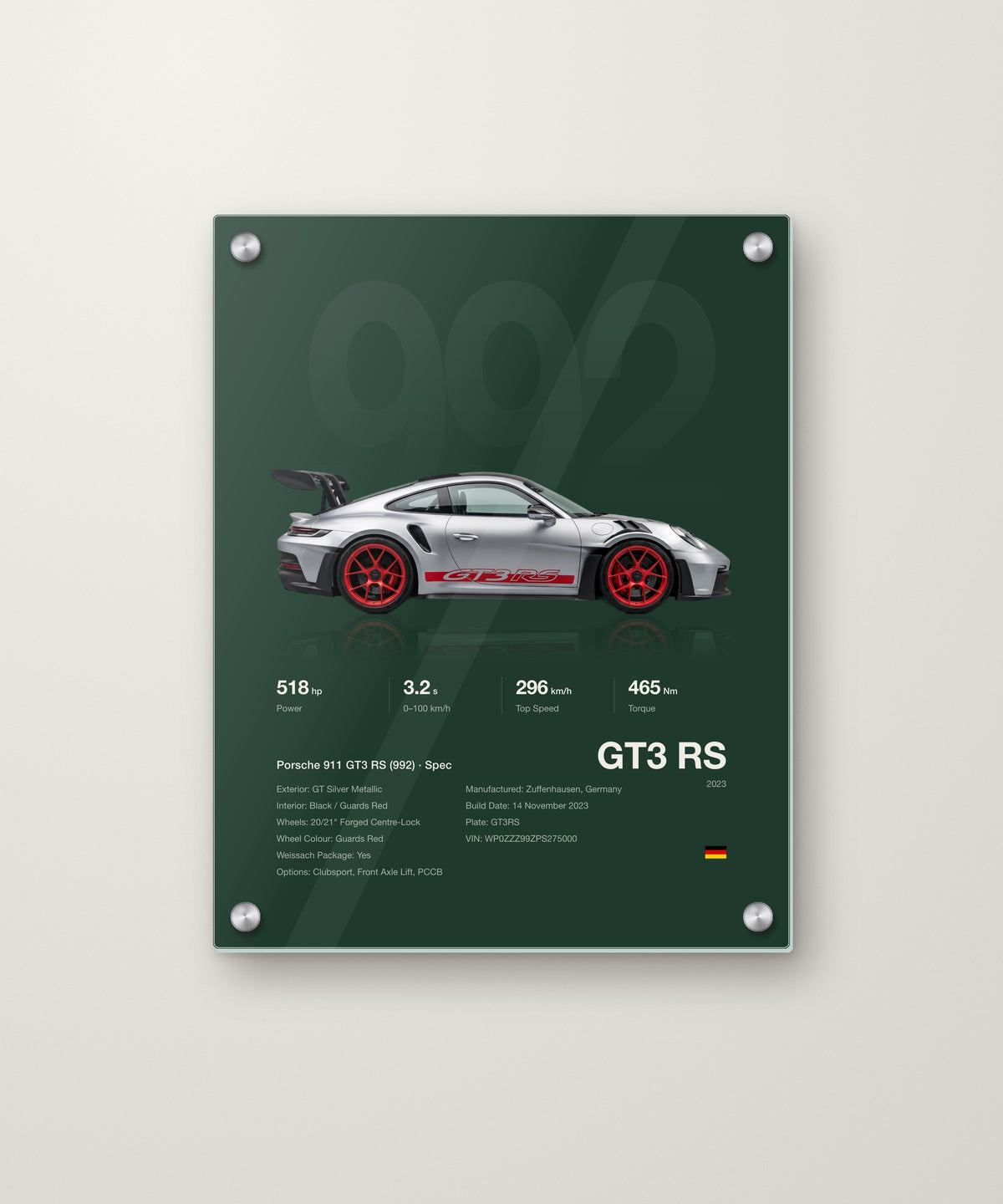 GT3 RS spec poster in Racing Green on an acrylic panel with metal standoffs
