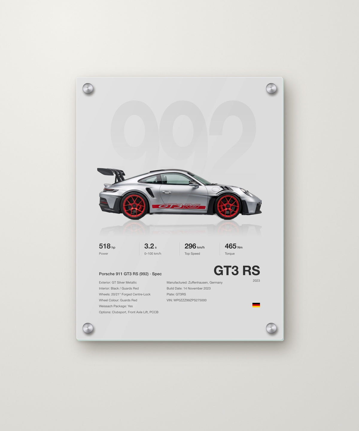GT3 RS spec poster in Silver Grey on an acrylic panel with metal standoffs