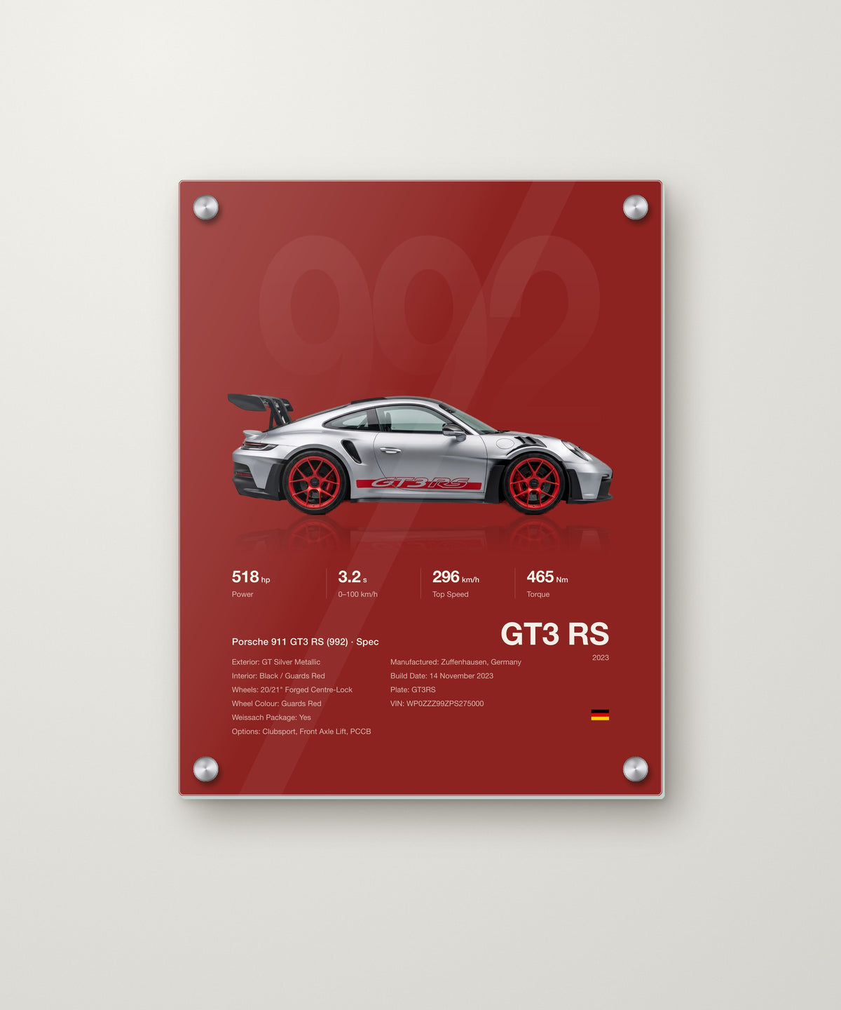 GT3 RS spec poster in Red on an acrylic panel with metal standoffs