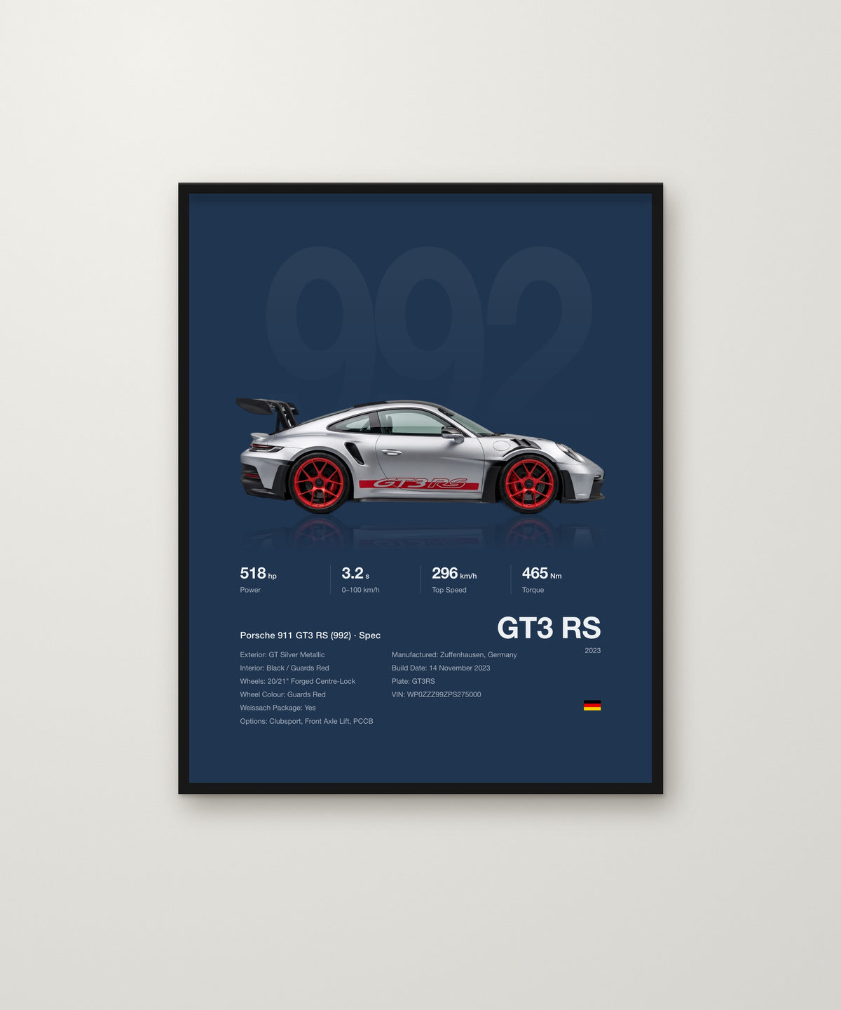 GT3 RS spec poster in Blue, framed on a wall