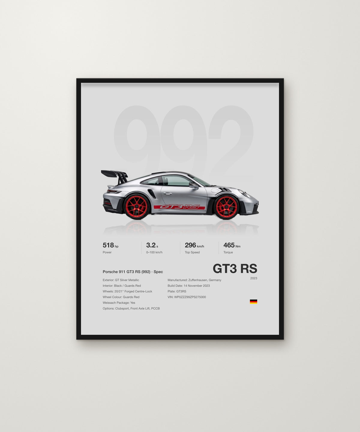GT3 RS spec poster in Silver Grey, framed on a wall