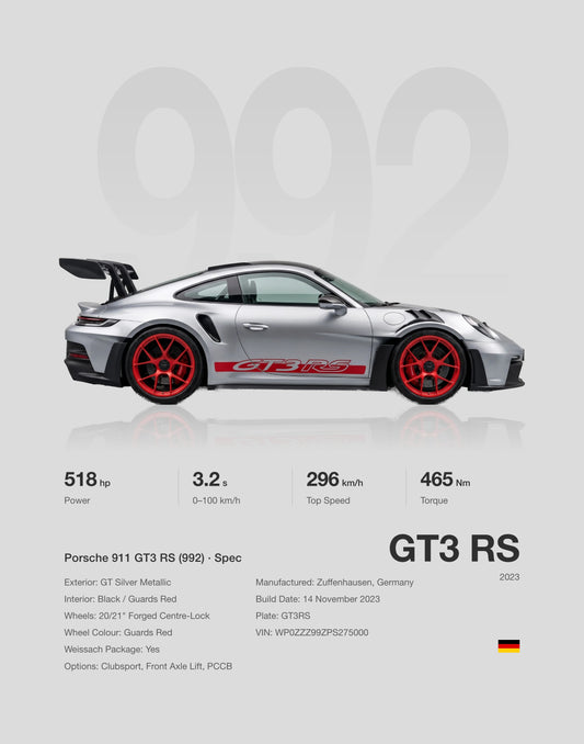 Porsche 911 GT3 RS spec poster, Silver Grey